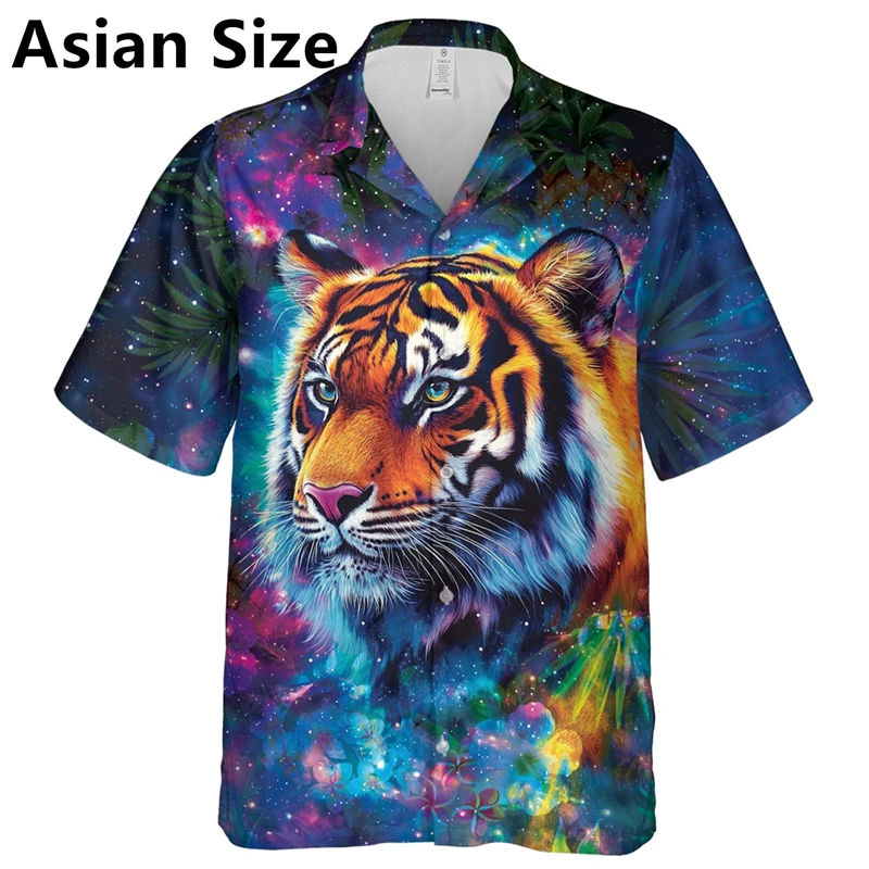 Fashion Tiger Graphic Hawaiian Shirts Trend Summer Short Sleeve 3D Animals Printed Shirts For Men Loose Lapel Button Blouse