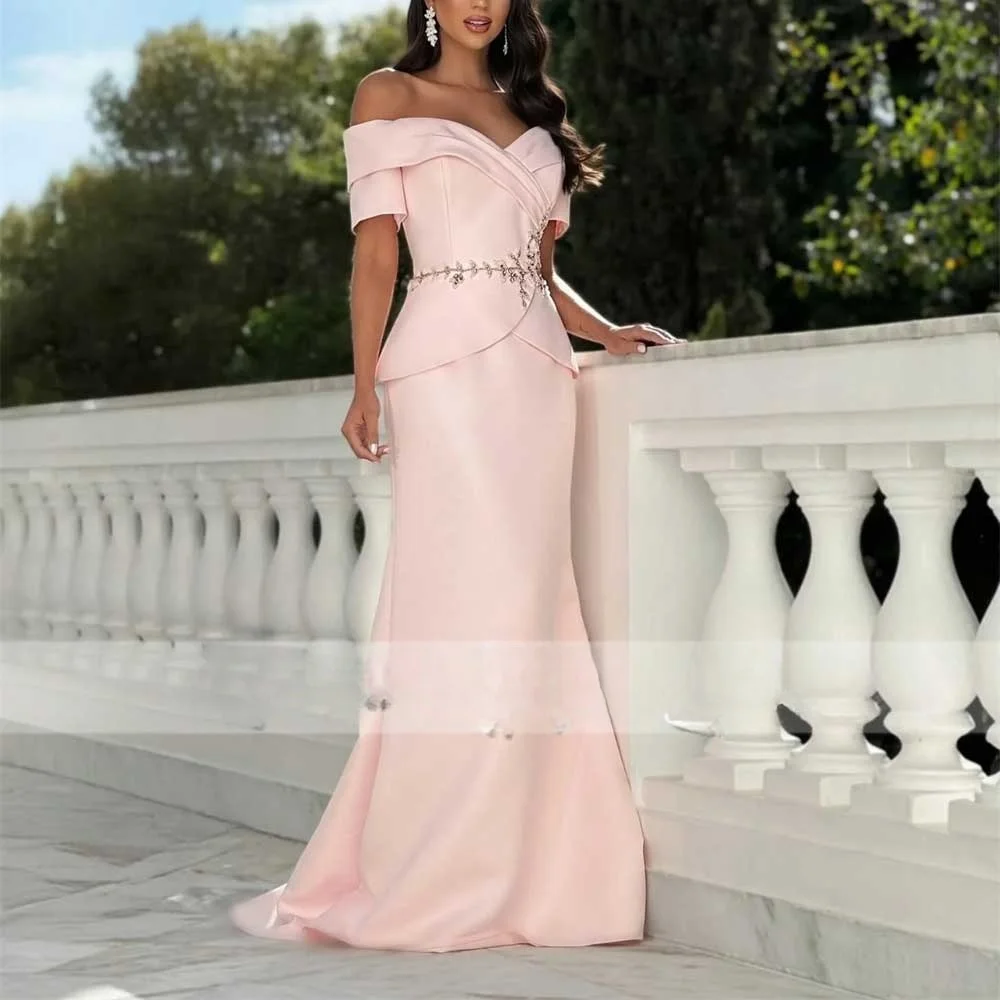 

Elegant Mermaid Pink Evening Dress Gala Prom Dress Sweetheart Neckline Off-Shoulder Appliques Formal Gown for Wedding Guest