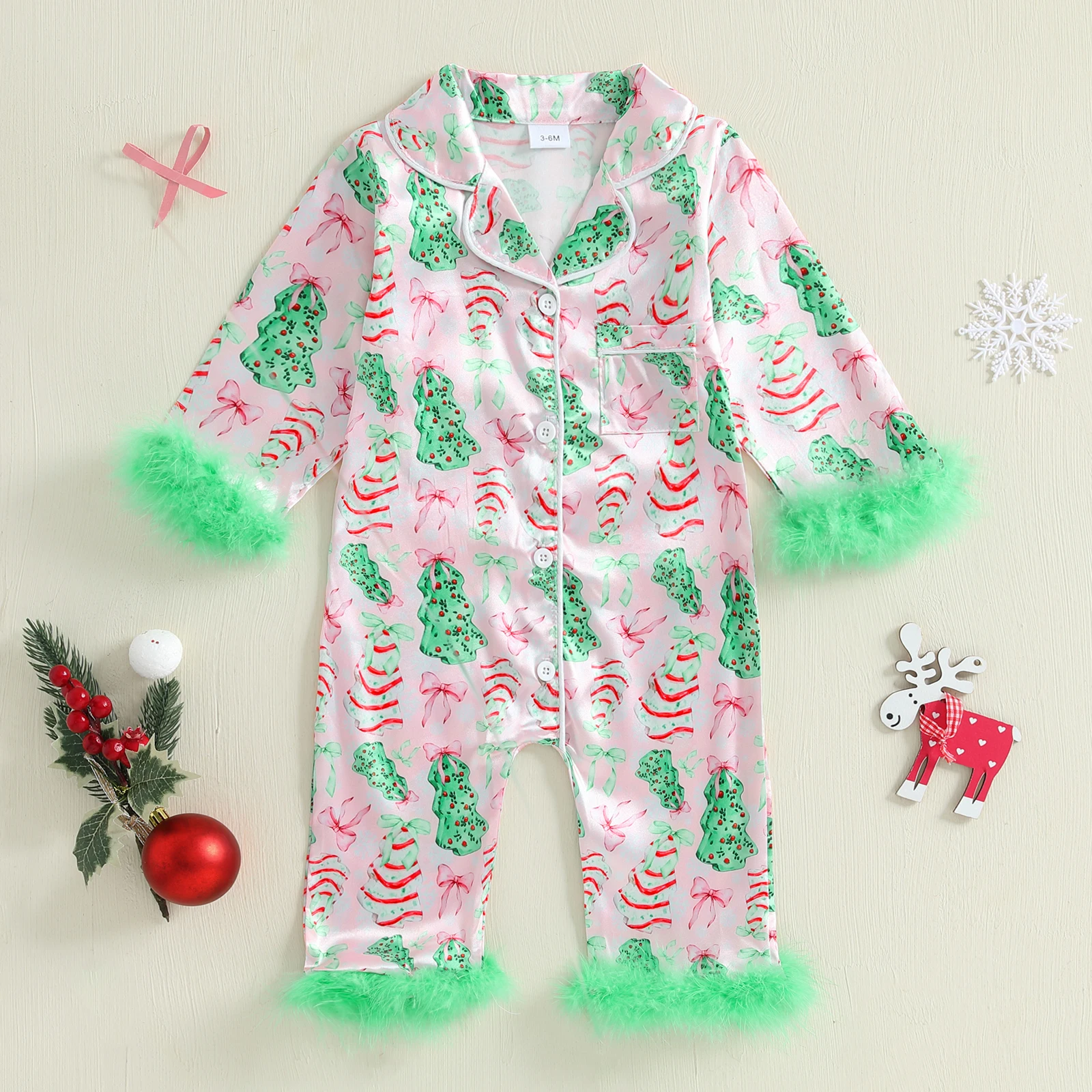 

Атласная рождественская пижама для маленьких девочек, комбинезон с длинными рукавами и принтом рождественской елки/конфеты с меховой отделкой на пуговицах и лацканами с v-образным вырезом