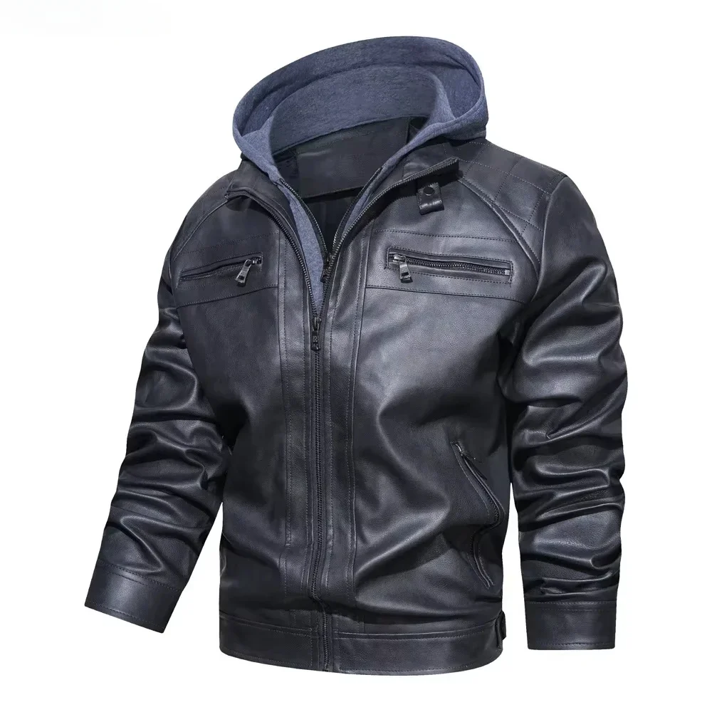 Men's leather jacket hooded solid color warm motorcycle jacket camera hombre invierno men's jacket American trendy