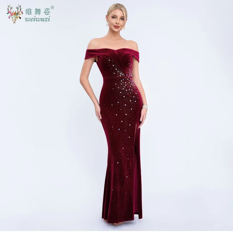 

Sexy and Elegant Off Shoulder Side Slit Fishtail Evening Dress with Diamond Stickers for Slimming Cocktail Party Evening Dress