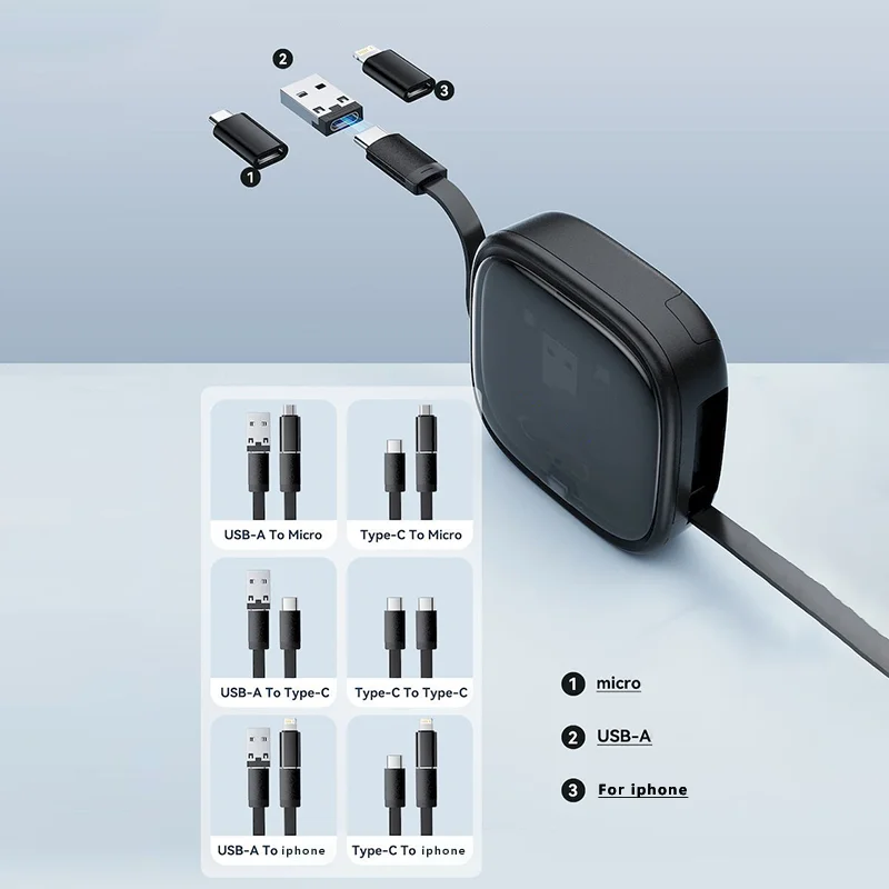 60W Fast Charging USB C Cable Retractable Tpye C Data Cable USB A Micro USB LIGHTNING Adapter Multifunctional Cable Storage