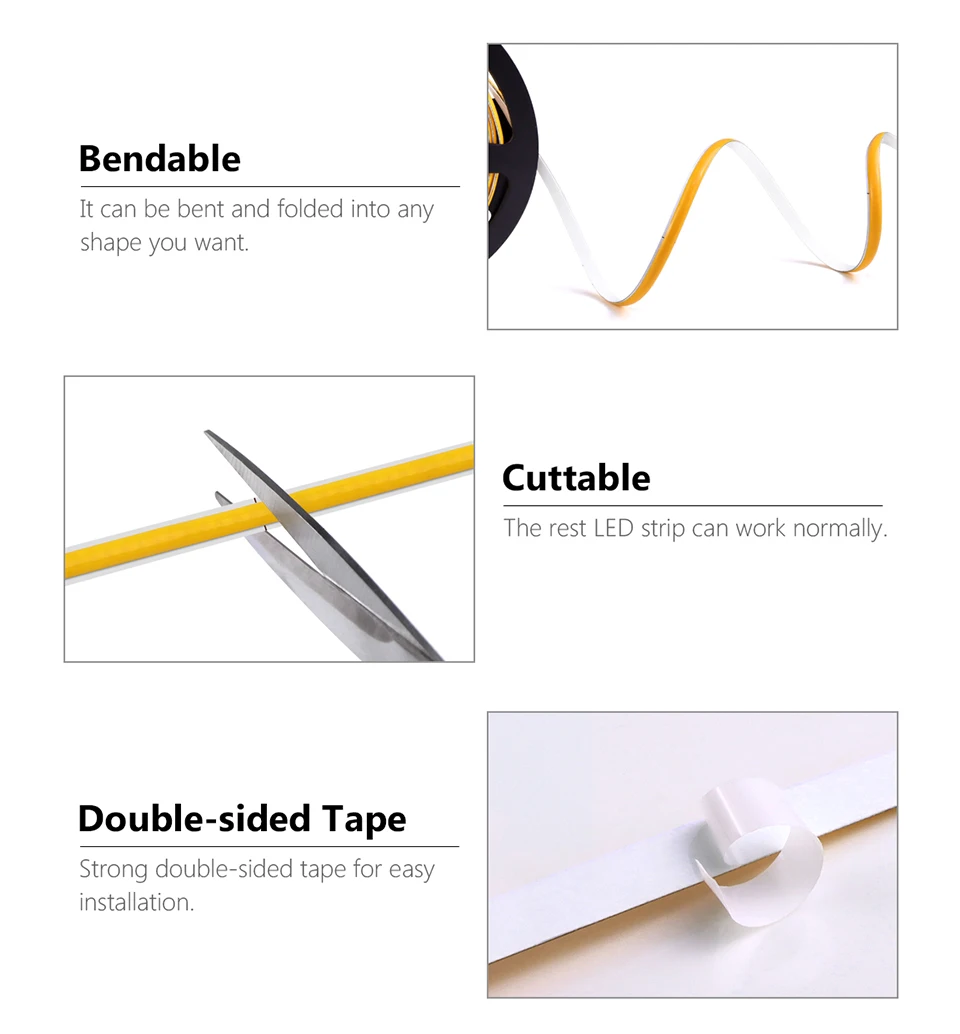 Superdünner 5 mm COB-LED-Streifen, 1 m, 2 m, 3 m, 4 m, 5 m, flexibles Neon-LED-Band mit hoher Dichte für Heim- und Raumdekoration, TV-Hintergrundbeleuchtung – Detail 6