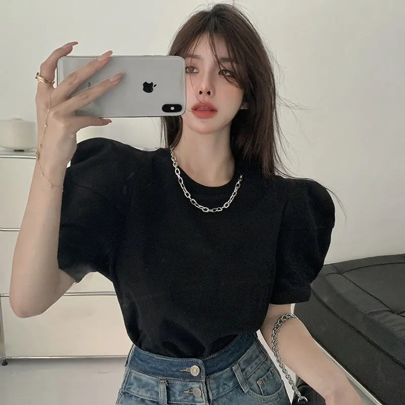 Loose Right Shoulder Puff Short Sleeve T-shirts Summer Women\'s Crop Tops Cotton Tees Solid Wild O Neck Chain Tshirt Casual