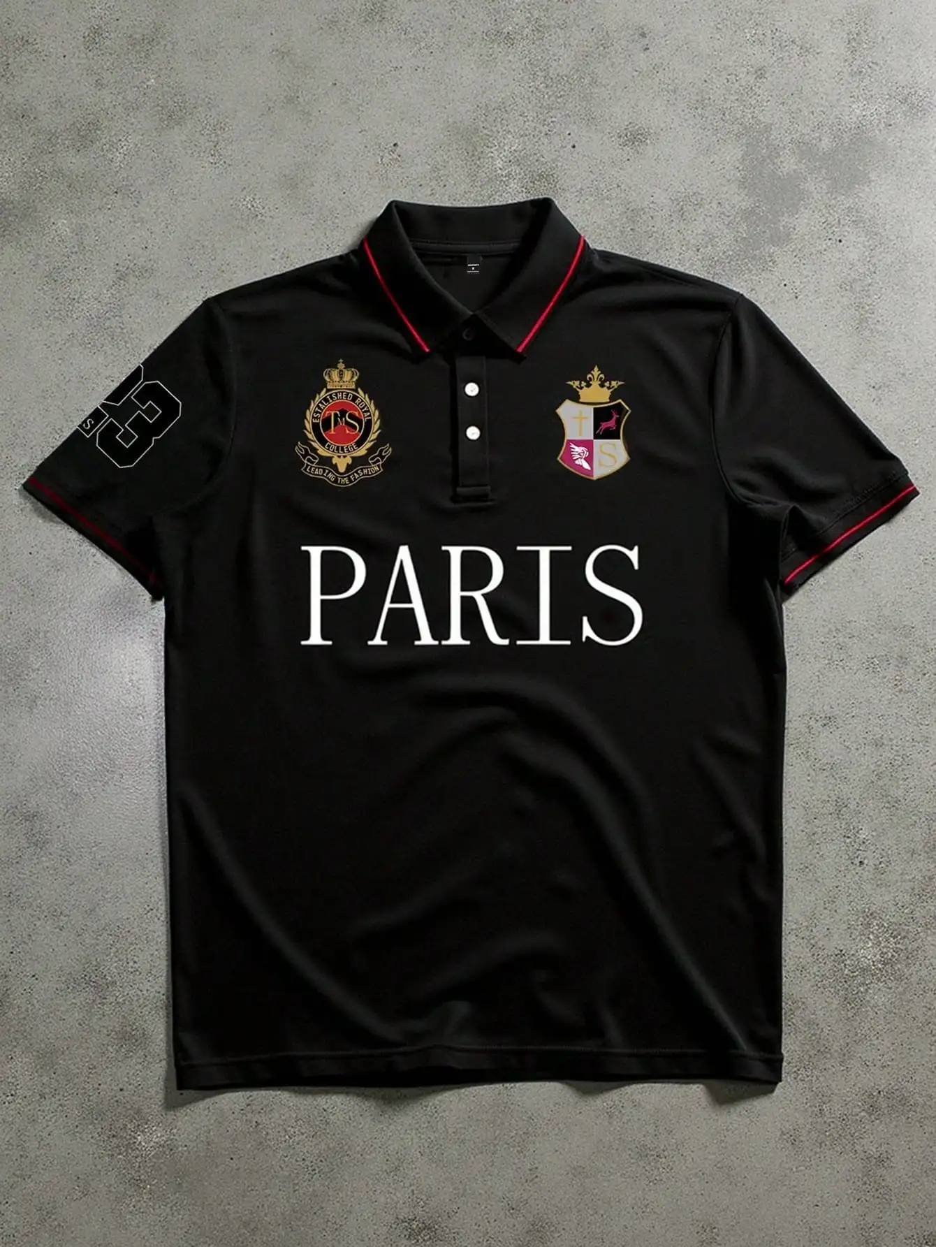 

Men's Black Minimalist Graphic Collar Polo Shirt with Crest Design