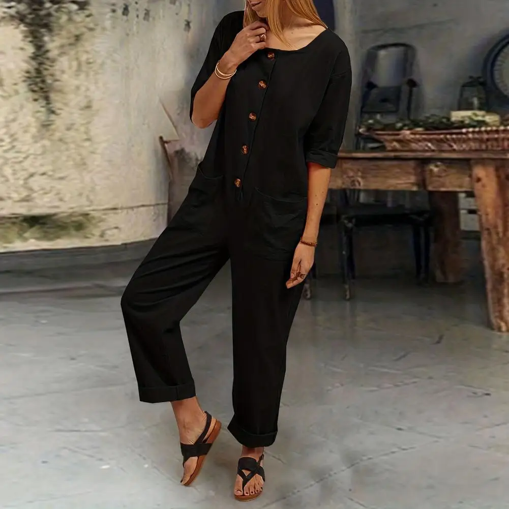 

Women One-piece Outfit Women Jumpsuit with Pockets Stylish Summer Women's Jumpsuit with Mid Sleeves Single-breasted Crew Neck