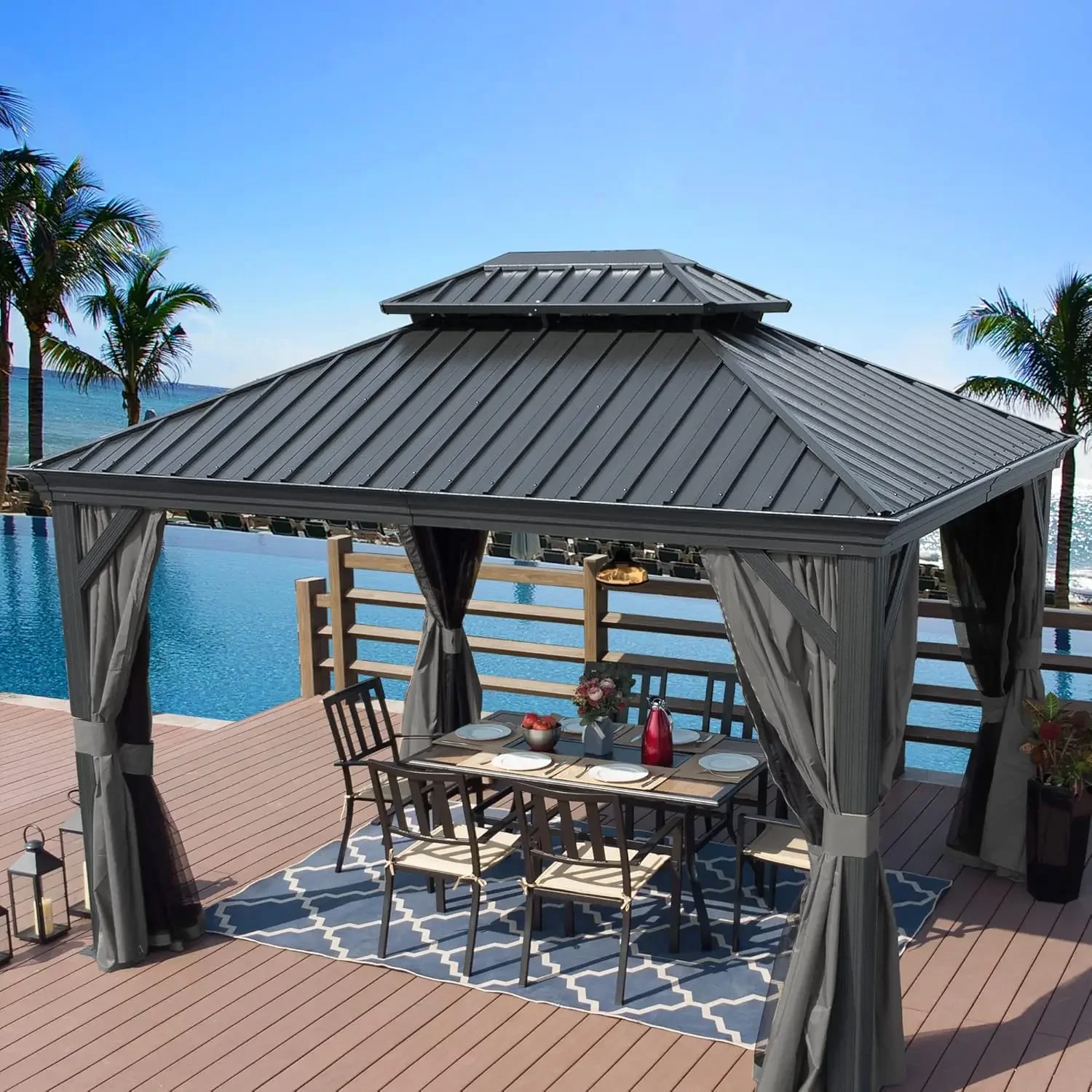 10' X 12' Hardtop Gazebo, Aluminum Metal Gazebo w/ Galvanized Steel Double Roof Canopy, Curtain & Netting, USA