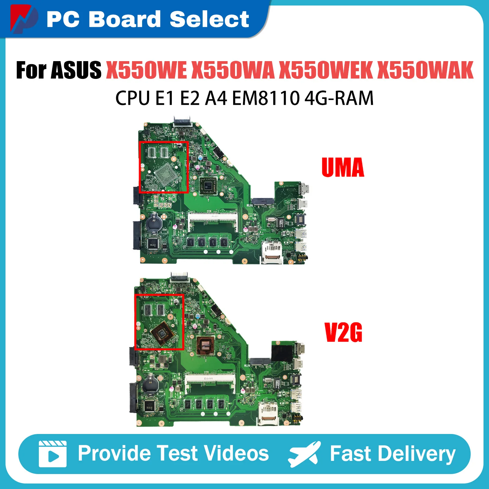 Scheda madre del computer portatile per ASUS X550WE X550WA X550WEK X550WAK X552W Scheda madre del notebook E1 E2 A4 EM8110 CPU 4GB RAM Systemboard