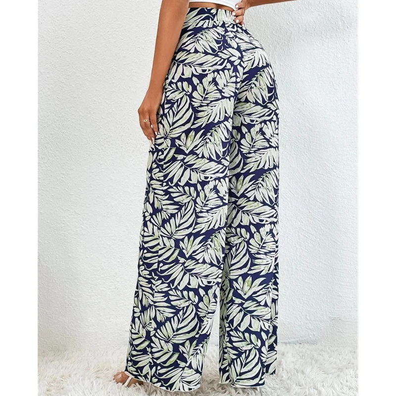 Summer Women's Stretchy Wide Leg Lounge Fragmented Flowers Printing Baggy Pants Casual Comfy High Waist Palazzo Chiffon Pants