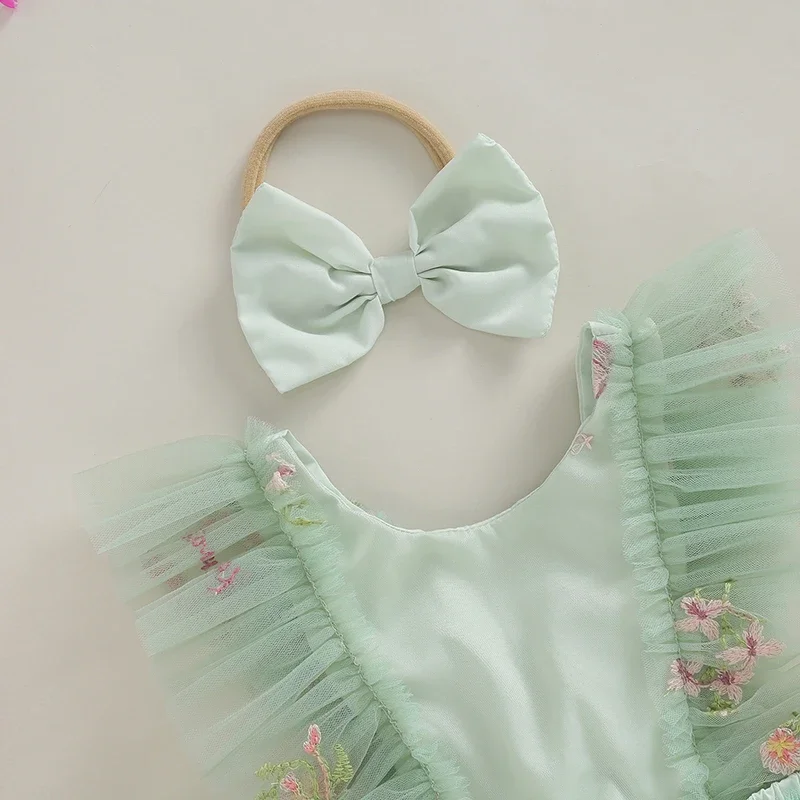 Baby Girl 2Pcs Princess Tulle Rompers Dress Ruffle Sleeveless Floral Embroidery Jumpsuits Headband  Newborn Clothes