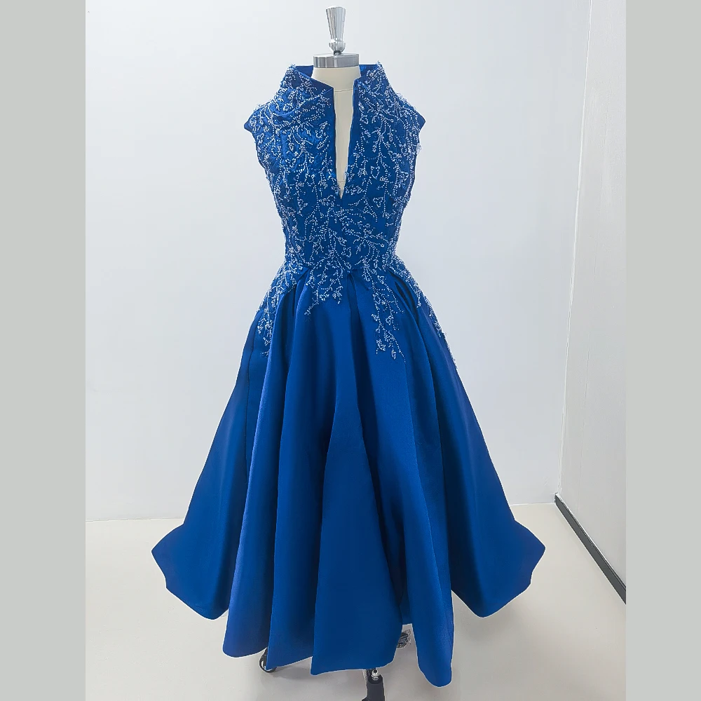 Simple Elegant Blue Sleeveless A-Line High Neck Evening Dress New Fashion Female Ankle length Party Prom Gowns