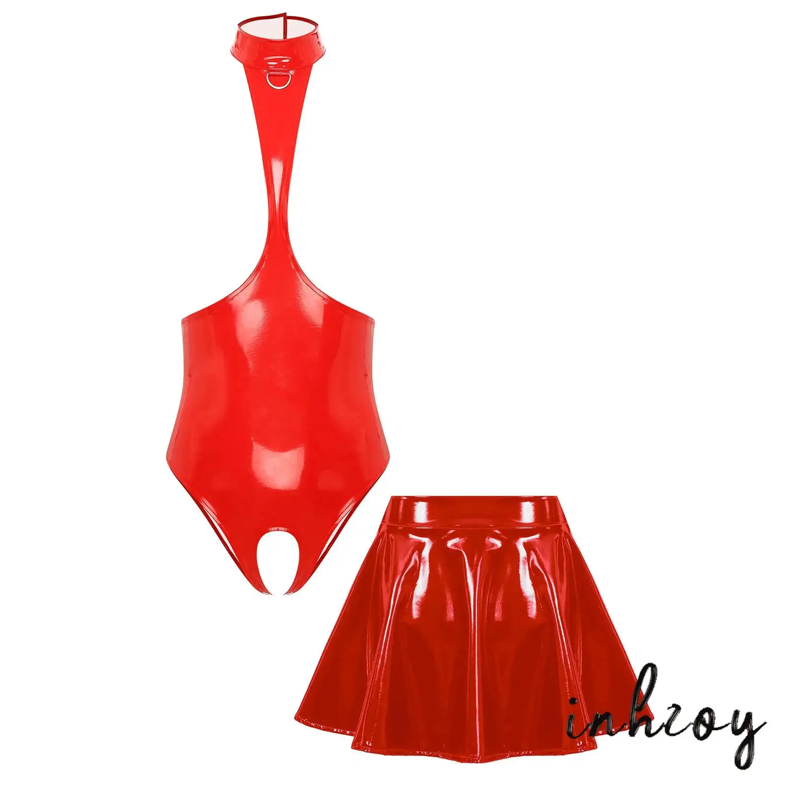 

Womens Glossy Nightwear Lingerie Open Chest Halter Hollow-out Crotch Bodysuit And A-Line Miniskirt Clubwear for Raves Parties