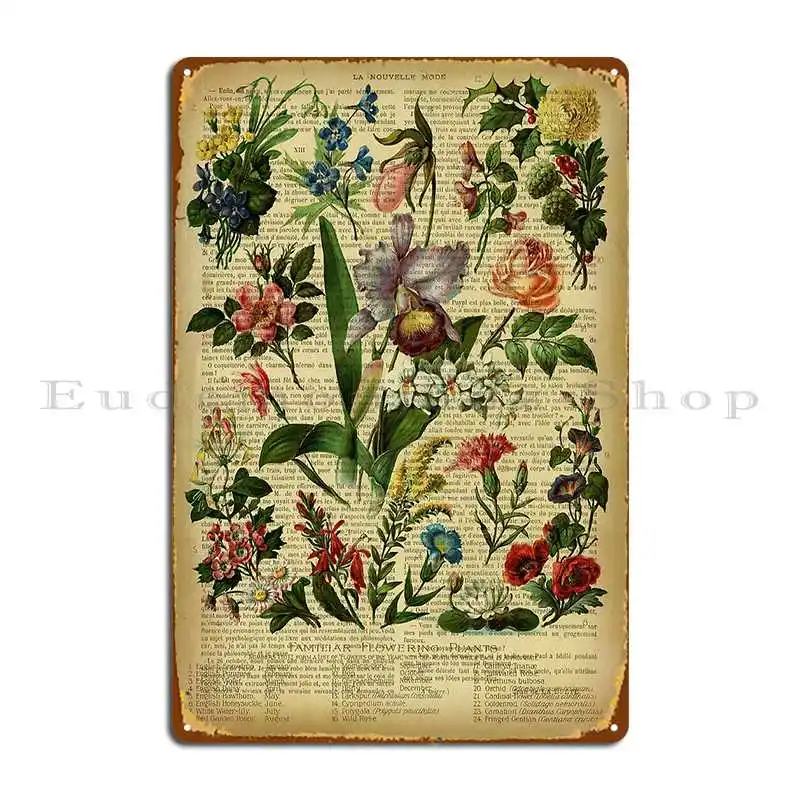 Botanical Print On Old Book Page Garden Flowers Metal Sign Pub Mural Customize Design Wall Plaque Decoration Tin Sign Poster