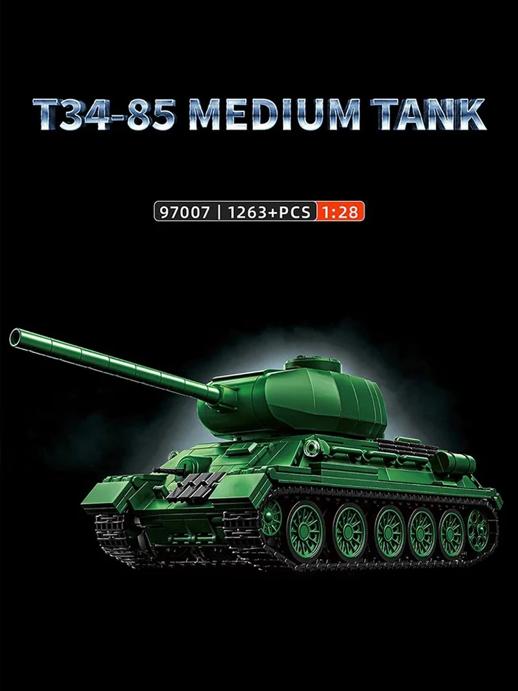Klemmbausteine  T34-85 Mittlerer Panzer 1:28 mit 3 Figuren Bausteine-Set Armee Militärfahrzeug Montage-Modellbausatz Jungen STEM Spielzeug Erwachsene Kinder DIY Geschenk 1263 Teile