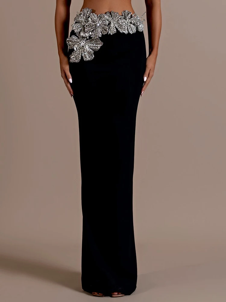 Avondfeest zwarte lange mouwen tweedelige bandageset coltrui diamanten bloemtop met bodycon maxi rok pak outfit