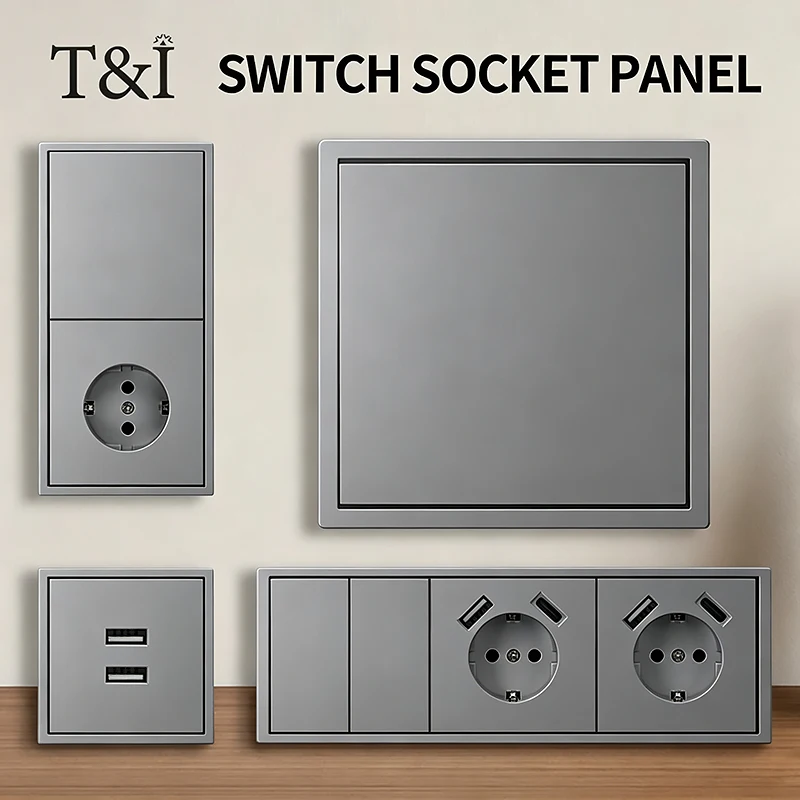 

EU Standard Wall Socket with Dual USB Type-C 16A 250V Flush Mount Outlet,1/2 Gang Light Switch,80x80mm Grey Tempered Glass Panel