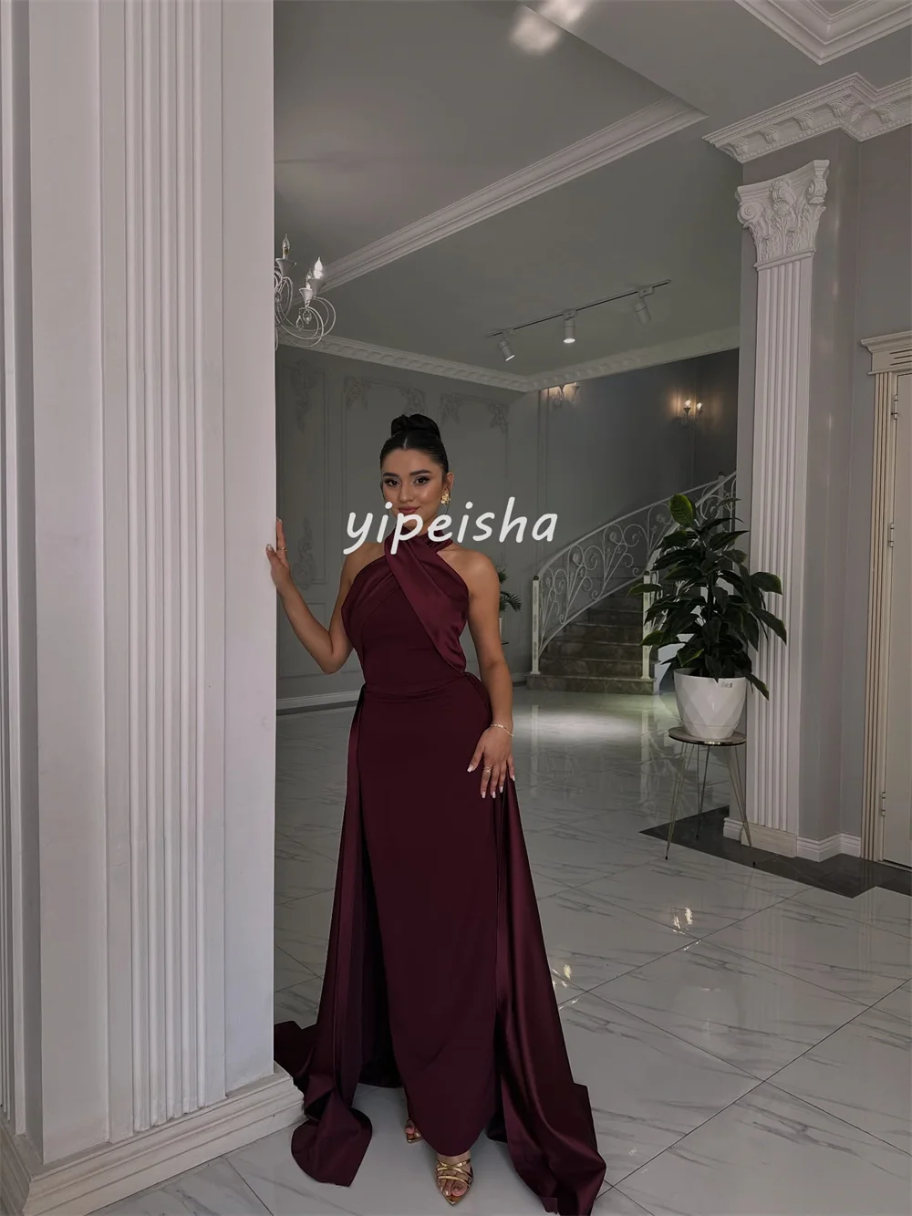 تخصيص رائعة كلاسيكية جيرسي الطية مستقيم الياقة العالية فساتين طويلة مخصصة فساتين المناسبات النمط الصيني الرائع