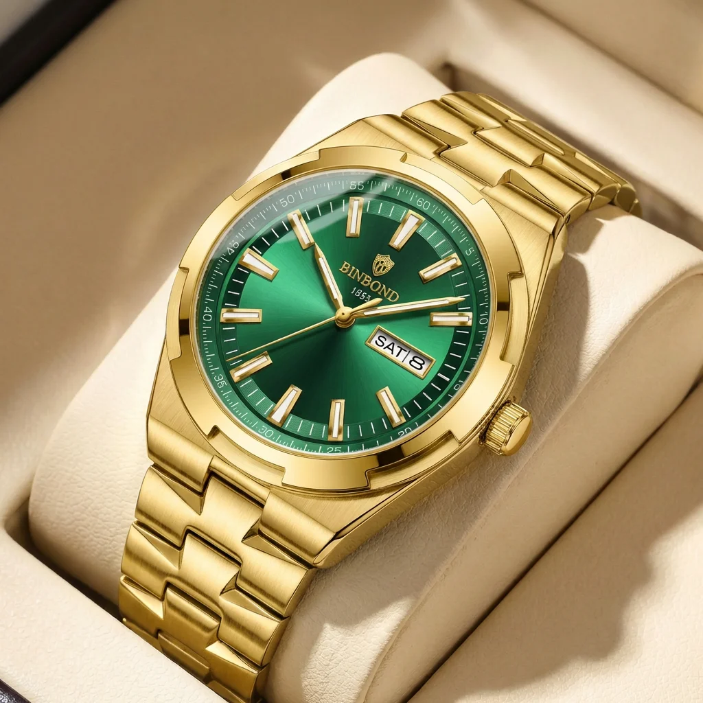 1pc Green Dial Metal Strap Watch with Dual Calendar Display, Stylish and Versatile for Daily Business Wear