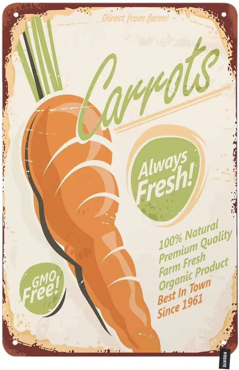 1p,HOSNYE Fresh Carrots Tin Sign Vintage Poster Design with Vegetable Vintage Metal Tin Signs for Men Women Wall Art Decor for H
