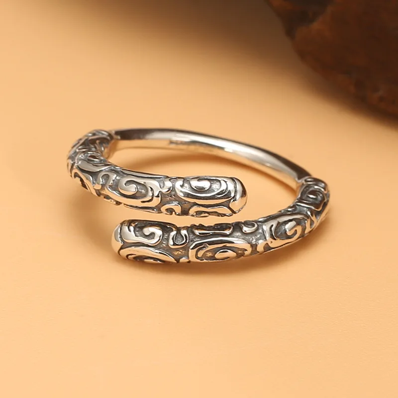 S925 sterling silver retro thai silver distressed ruyi gold hoop open ring for men and women stylishfashion ring