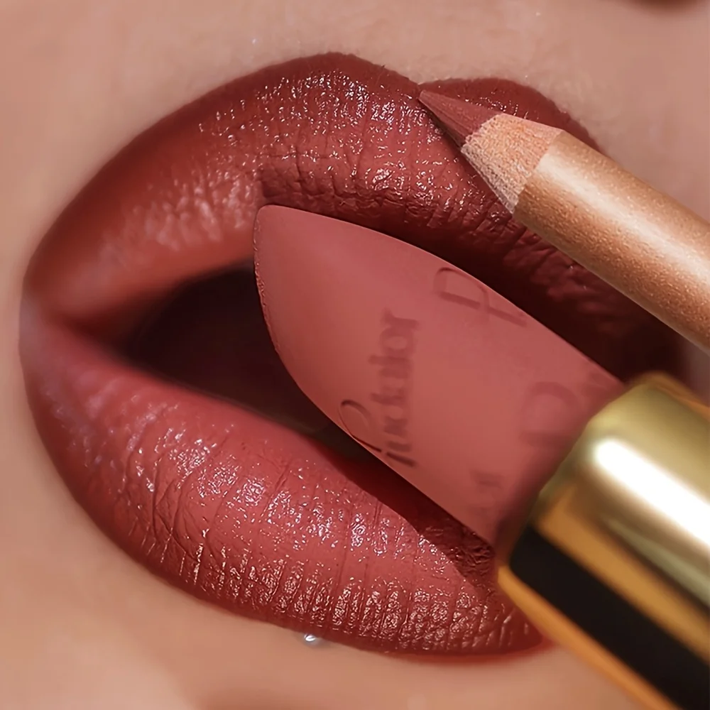 Pudaier Set di 2 rossetti opachi e matite per labbra: impermeabile, resistente al sudore, duraturo, facile da applicare