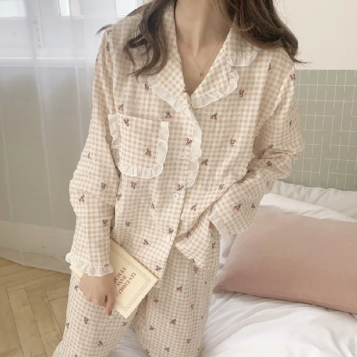 Korean Version of Ms. Sweet Lace Lace Cherry Blue Plaid Pajamas Home Wear   Ms. Long-sleeved Pants Cardigan Girl Home Set  Women