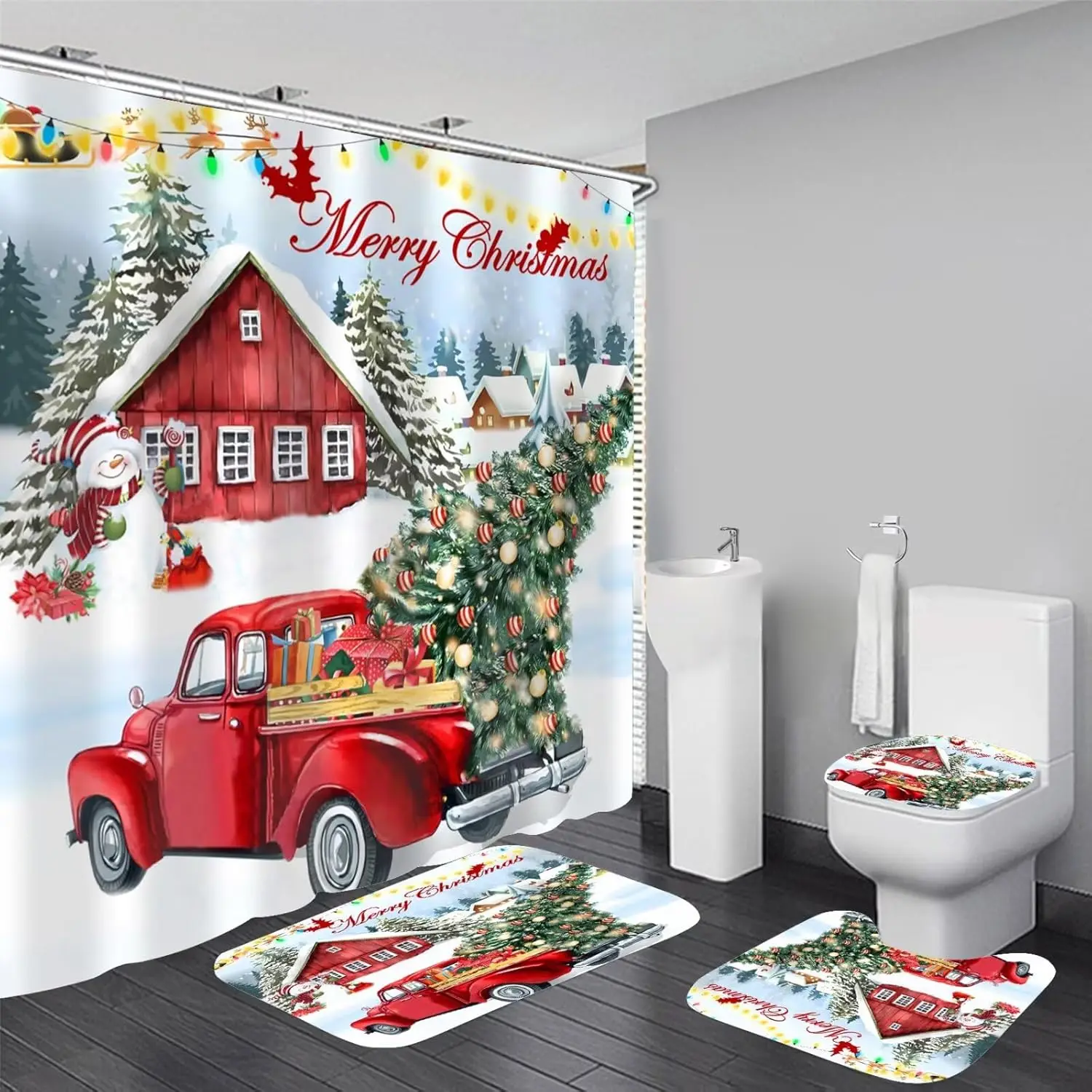

4 Pcs Merry Christmas Shower Curtain Sets, Red Truck Christmas Shower Curtain for Bathroom Set, Christmas Tree Holiday Polyester