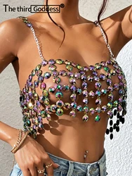 Sexy halter metal rhinestone Crop top women summer see through Club beach party tank top rave outfits womens cropped y2k Tops HL