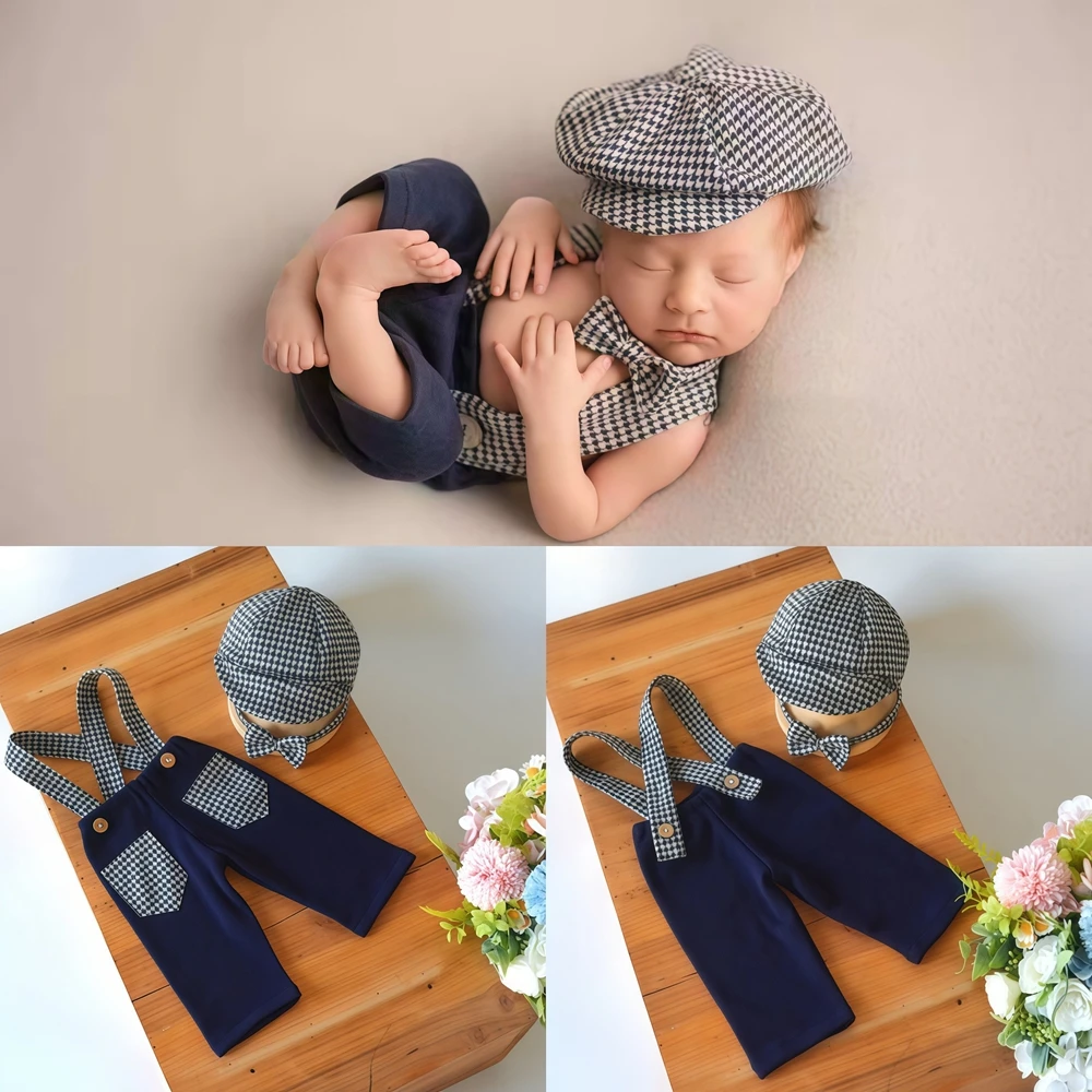 Newborn Baby Boy Photography Outfit Vintage Gentleman Houndstooth Suspender Pants Newsboy Cap Baby Photoshoot Clothes 0-3M