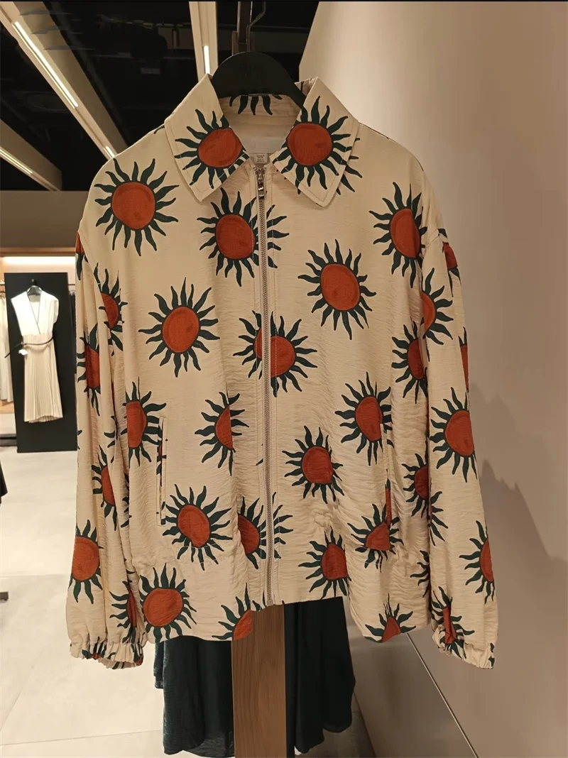 Guobioziy Women's Jacket 2026 Early Autumn New Fashion Turn-Down Collar Printed Hem Elastic Waist Flight Jacket