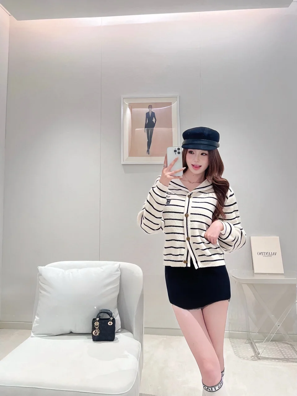 

Highly Pure Desire Anti-Aging Color Blo Striped Navy Collar Slimming Versatile College Knitted Open Cardigan Women's Faion