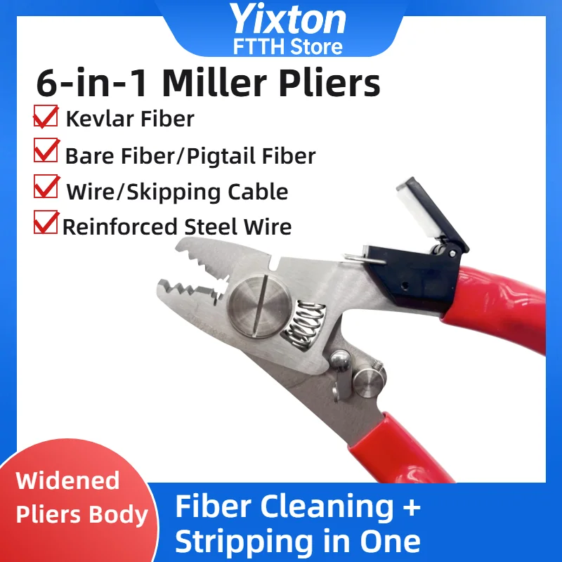 6-in-1 Miller Stripper, stripping & fiber cleaning all-in-one. For fiber drop cable, patch cord, bare fiber & Kevlar yarn.