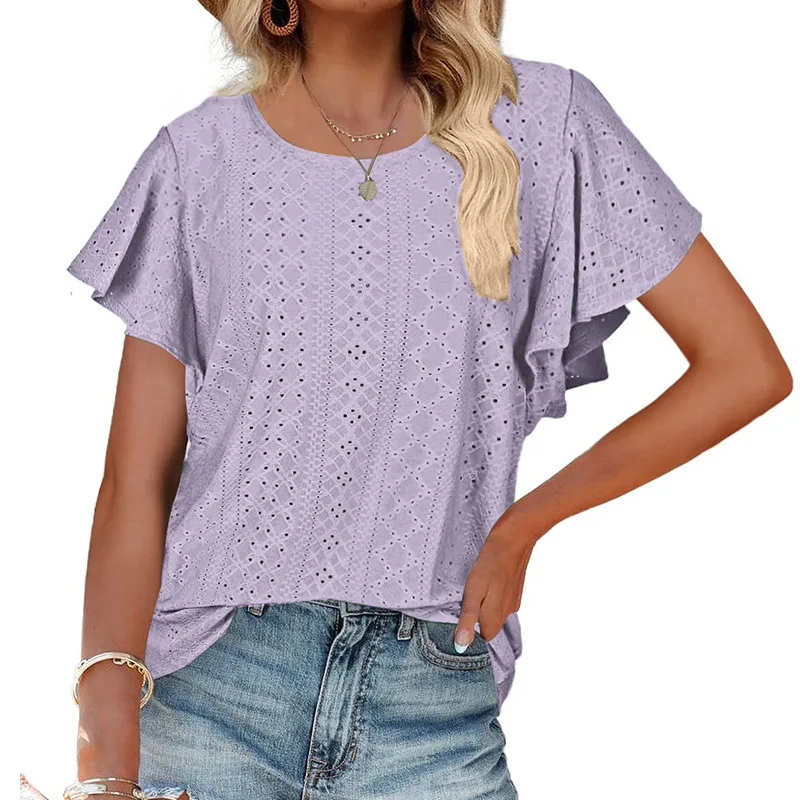 

Loose Casual Women's Shirt 2022 Summer Hollow Short Sleeve Solid Ladies Blouse Elegant O Neck Female Shirts Tops Blusas 21932