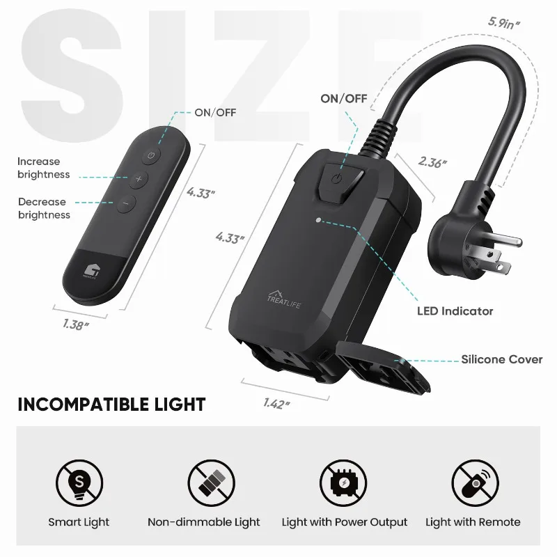 TREATLIFE Dimmer Plug with 100FT Wireless Remote Control, IP44 Weather Resistance, Outdoor Dimmer for String Lights, Lamps, Pati