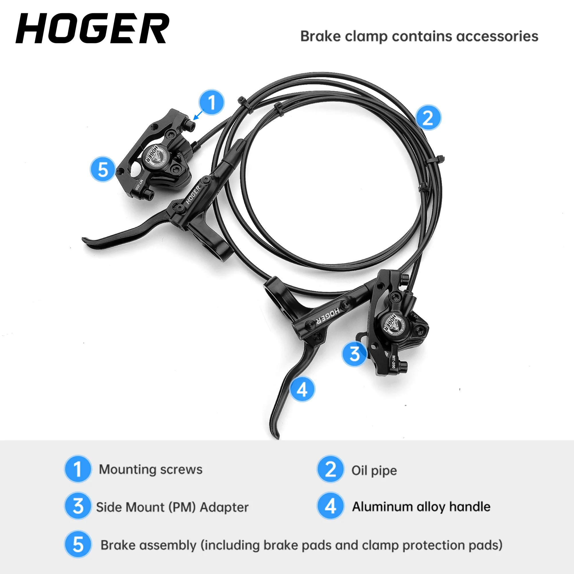 HOGER MTB Hydraulic Disc Brake 2Piston Lightweight XC Trail Calipers Original Metal Pads Oil Pressure Rotor handlebar short grip