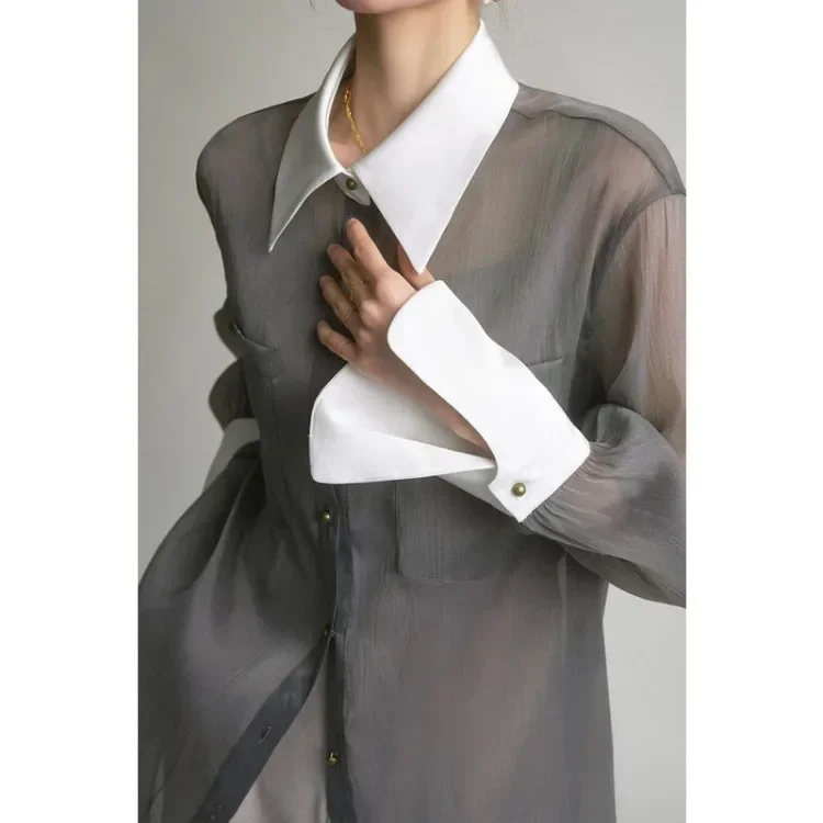 

Элегантные модные серые рубашки с лацканами, женские ранняя осень, новые однобортные блузки Mujer Y2k, свободные блузки с длинными рукавами в стиле гранж