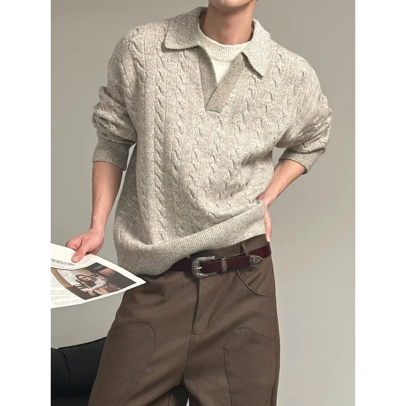 

Autumn And Winter New Style Knitwear Sweater Mens Twist Business Turn Down Collar Long Sleeve Loose Versatile Casual Trendy Top