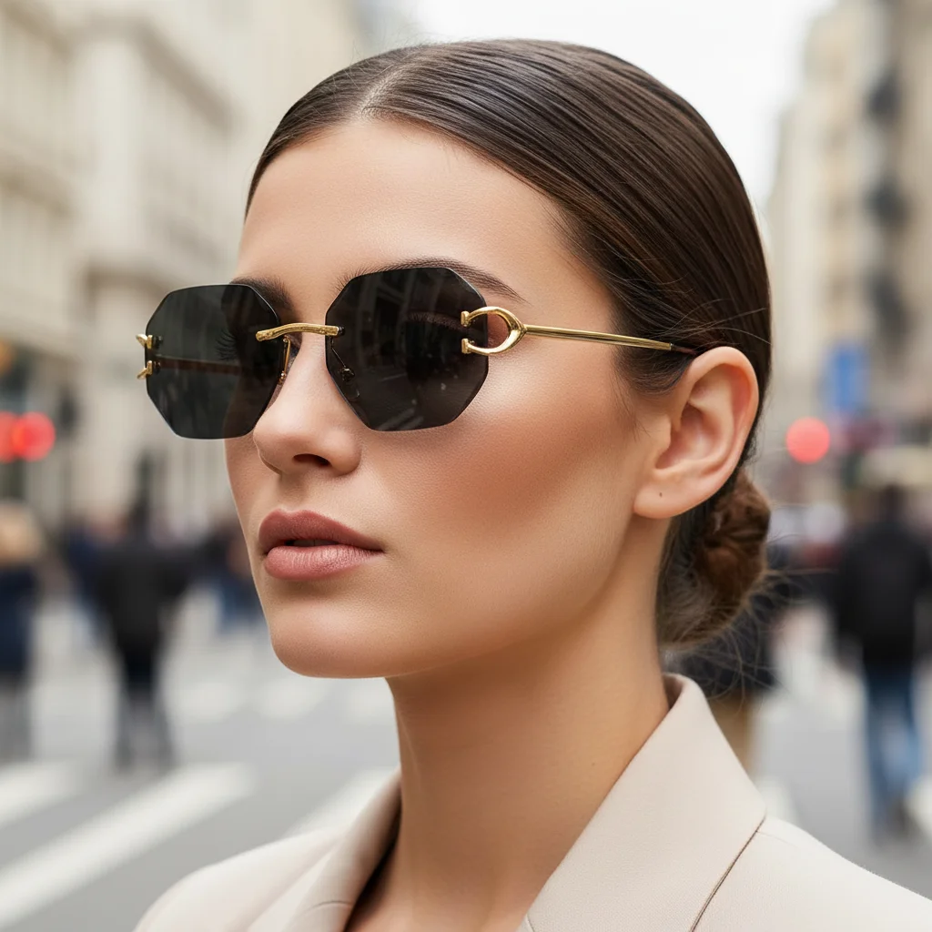 High-end Feeling Rimless Cut-edge Sunglasses For Women Octagonal Metal Temple Street Styling Sunglasses 90239