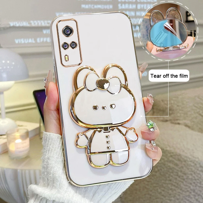 For VIVO Y53S 4G Y51 Y31 2020 Phone Case Soft Silicone Solid Color Plating Cartoon Rabbit Fold Stand Makeup Mirror Bracket Cover