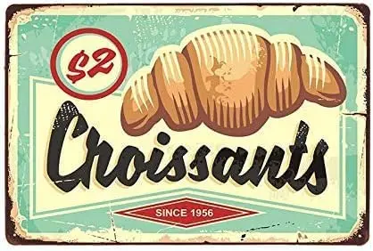 Retro Metall-Blechschild „Croissants Brot“ – Lustiges Wanddekor für Zuhause, Höhle, Garage, Bar – Vintage Metallschild aus Aluminium