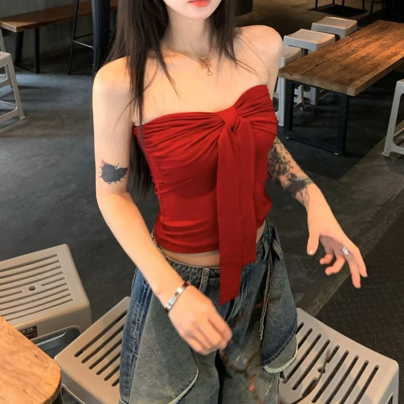Sleeveless Top For Women Summer Slim Bow Crop Top Sexy Skinny Tube Tops Fashion Clothing Streetwear Girl