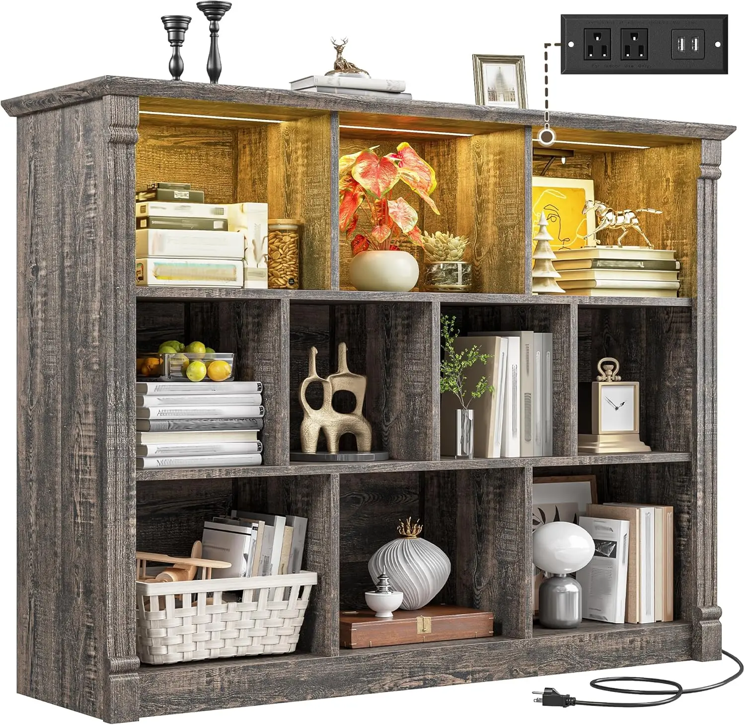 

10 Cube Storage Organizer with LED Light and Charging Station Wood Cube Shelf Display Cabinet for Bedroom Living Room,Of