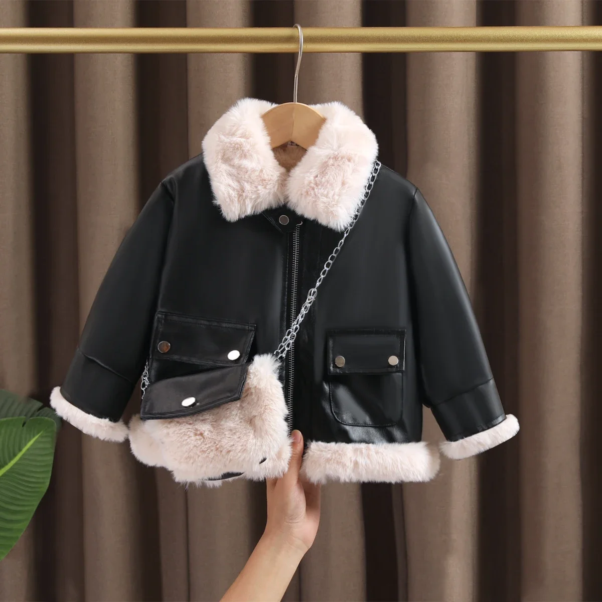 Girls' Short Leather Jacket 2024 Autumn Winter New Baby's Velvet Thicked Pu Outerwear Fashion Children's Warm Motorcycle Coats