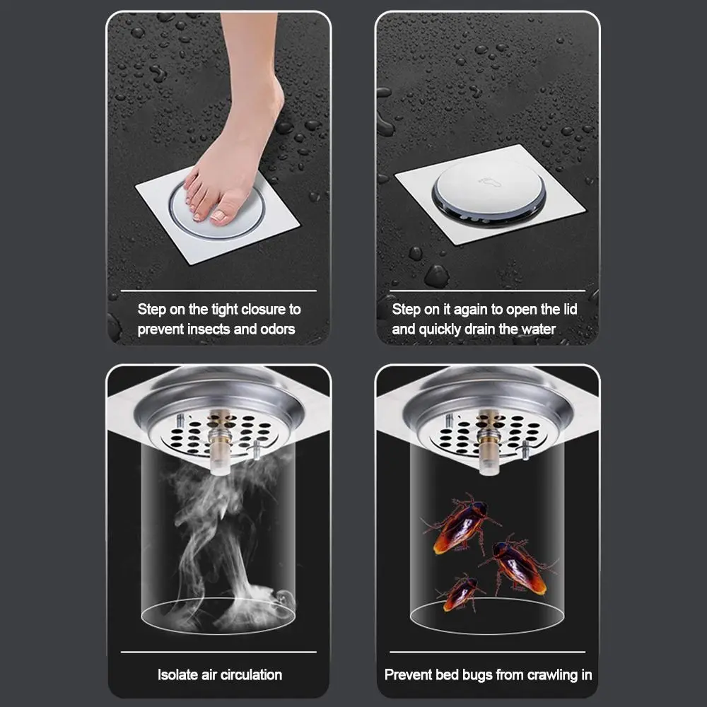 

Прочный напольный слив пресс-типа из нержавеющей стали, всплывающий отскок, квадратный слив для душа, ножка, съемный сливной фильтр против запаха