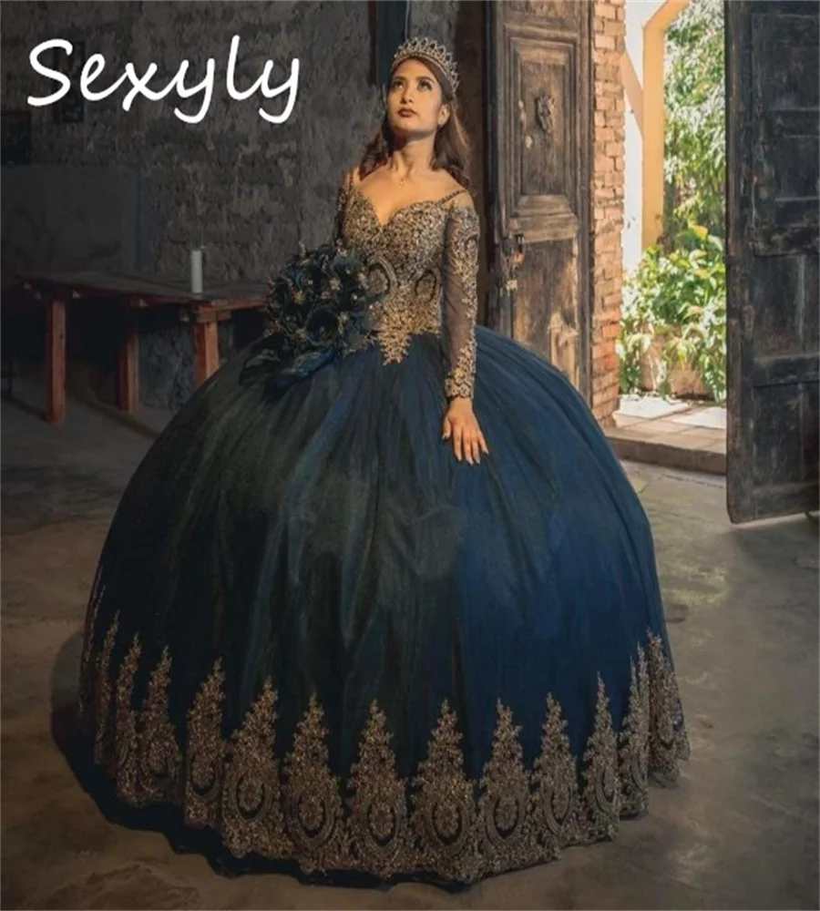 Abiti da principessa Quinceanera blu Navy con applicazioni dorate corsetto a maniche lunghe Vestidos De Xv asenos Ball Gown sedici compleanni