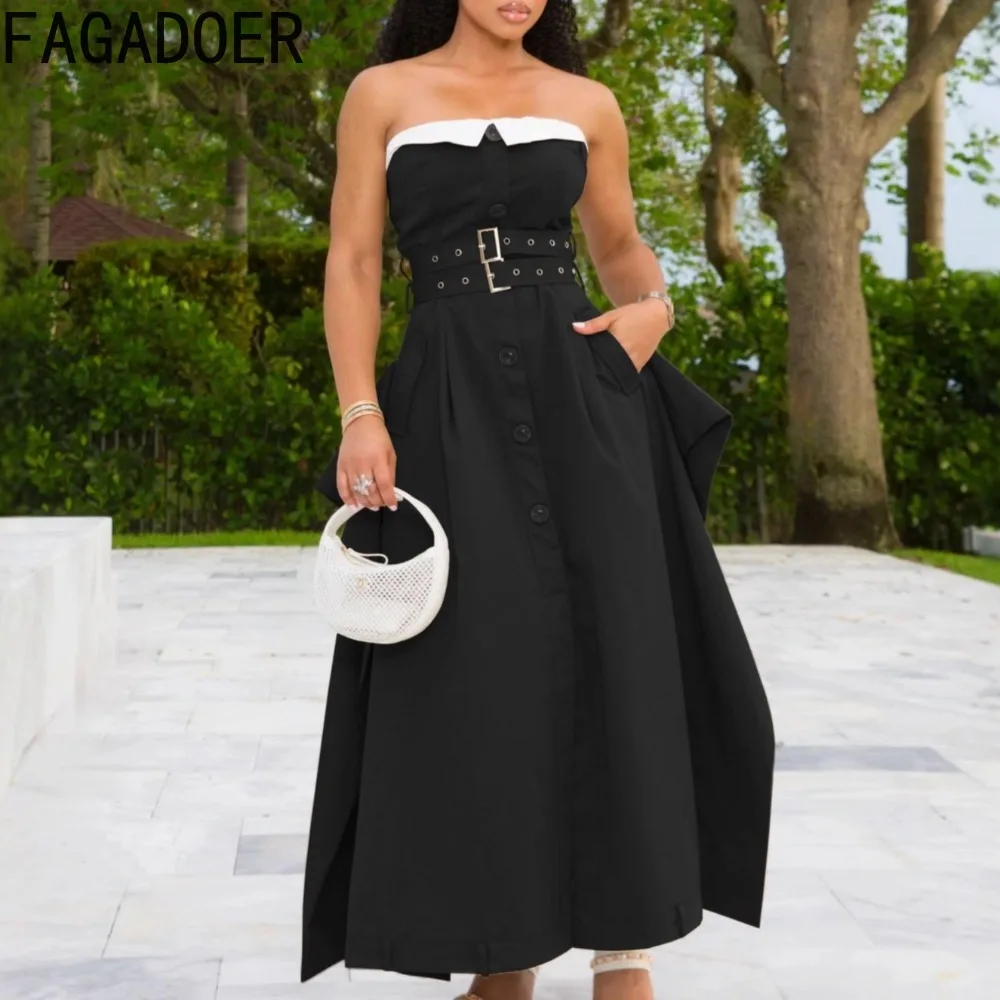 

FAGADOER Autumn New Fashion Bodycon Dresses for Women Single Breasted Sleeveless Backless Dress Female Streetwear Vestidos 2025