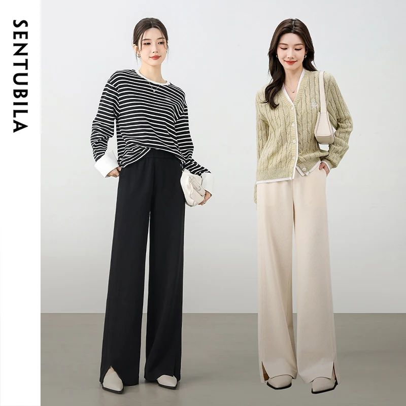 

SENTUBILA Straight Womens Pants 2025 Spring Modal Casual High-waist Slit-hem Full Length Comfort Office Trousers 151K59343
