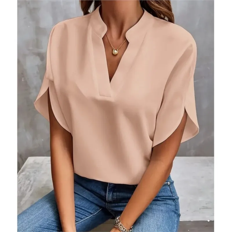 Einfarbiges Kurzarm-Top für Damen 2024, modisches Sommer-Weiß, lässiges Temperament, eleganter Stil, lockeres Oberteil mit V-Ausschnitt für Damen