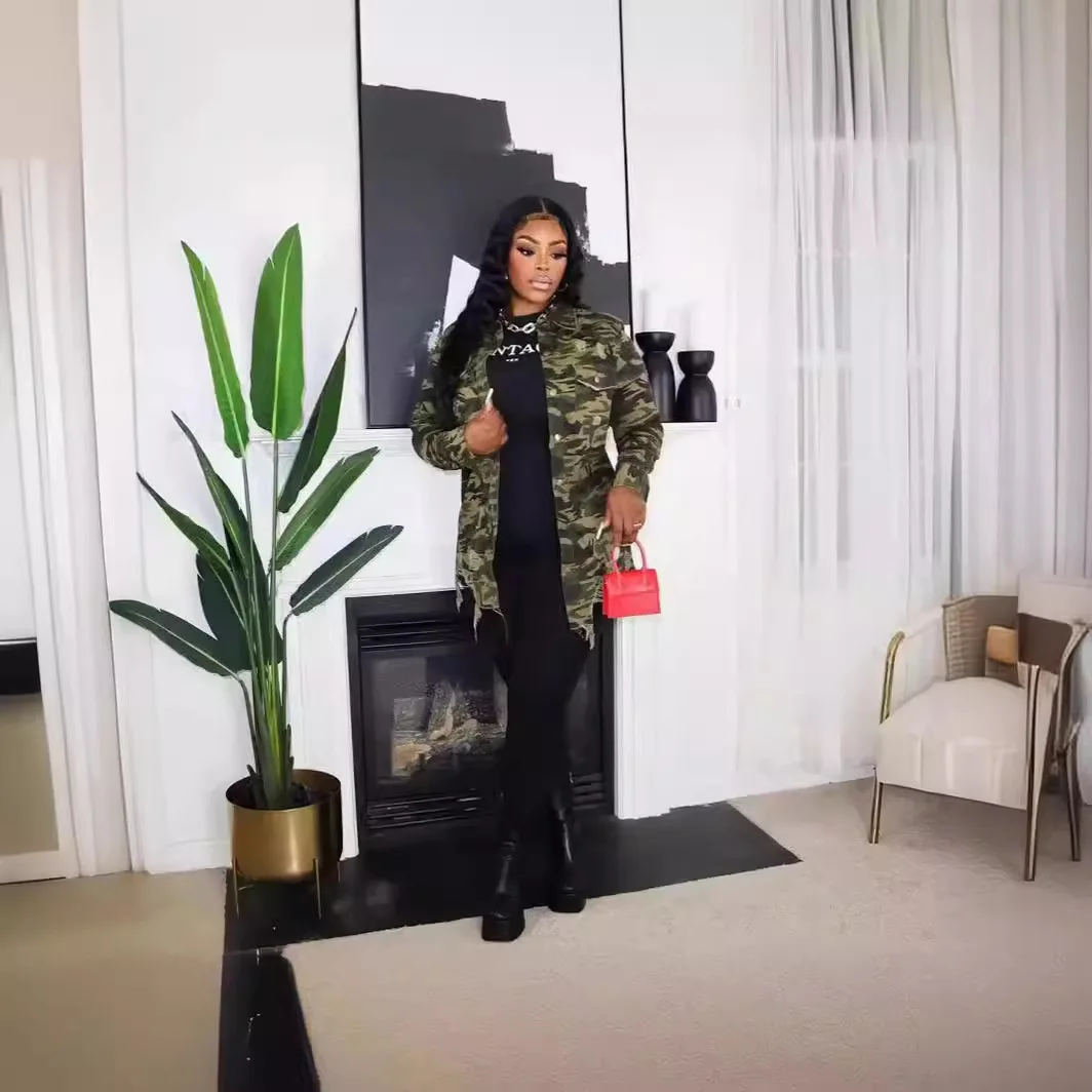 Shirt Coats Women Full Sleeve Tops Jackets Camouflage Casual Coat Turn Down Collar Single Breasted Y2k Streetwear Hole Jacket