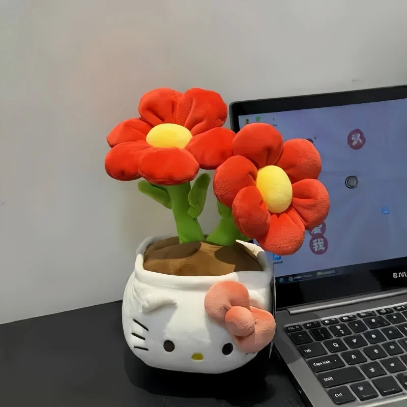 Original With Tag Hello Kitty Flower Plush Toy Cartoon Potted Plant Doll Kitty Cat Plushies Desktop Home Decor Gifts Girl Yellow